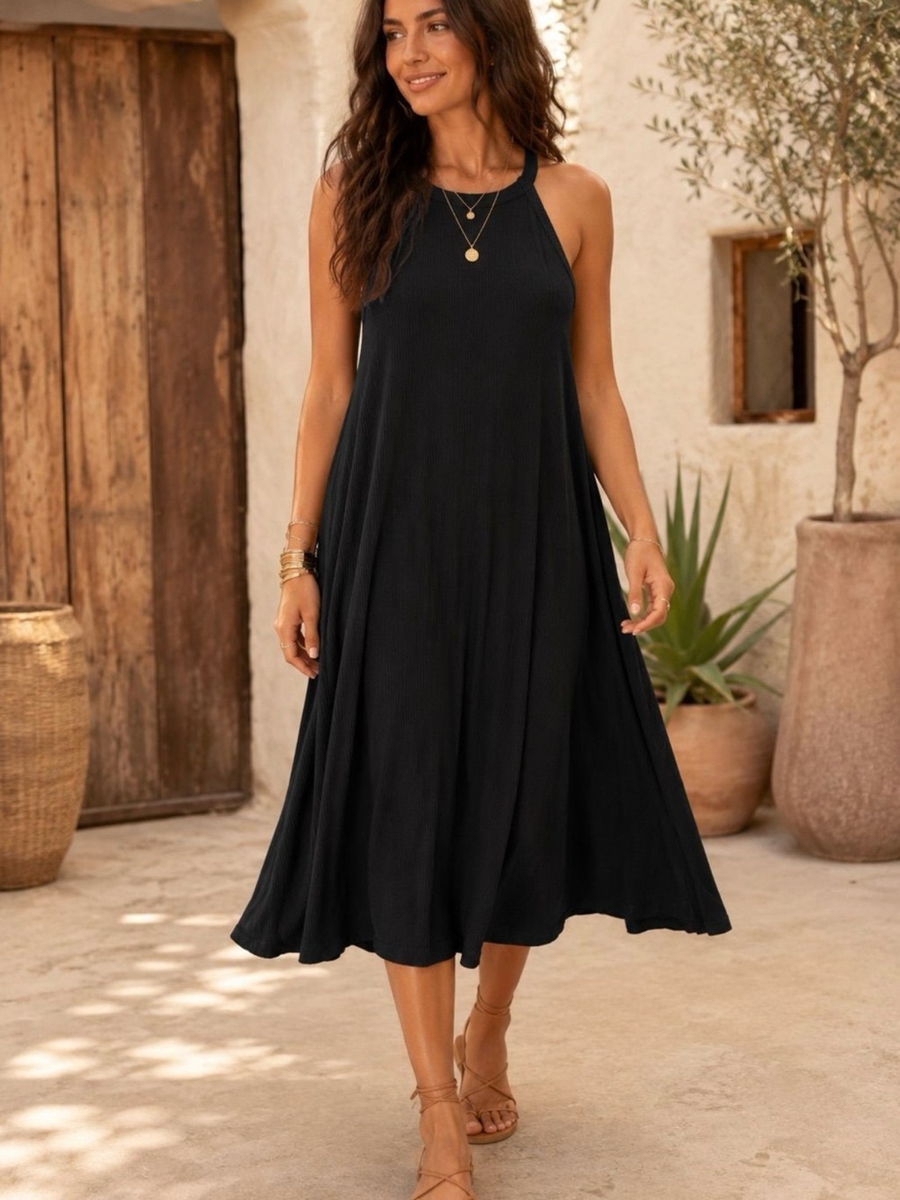 Madewell Ribbed Black Halter Midi Swing Dress